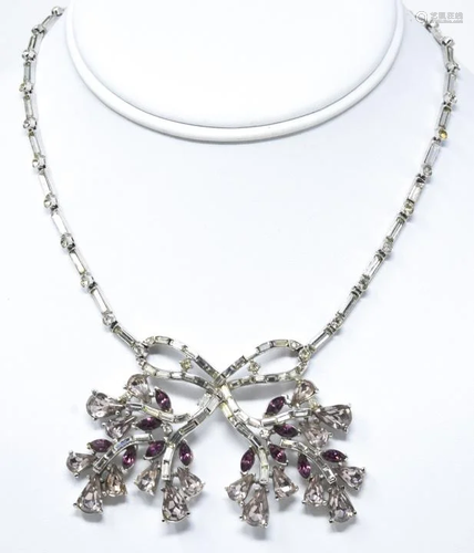 C 1950 Crown Trifari Rhodium & Paste Necklace