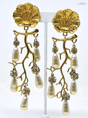 Pair C 1990 French Statement Gilt Shell Earrings