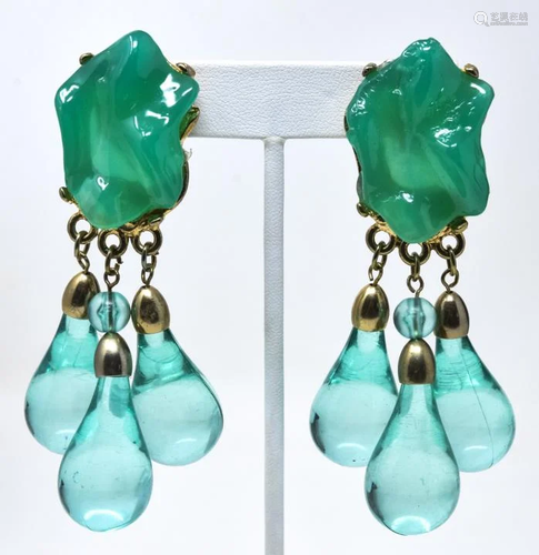 Pair 1970s Huge Statement Green Lucite Earrings