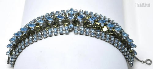 C 1950s Wide Rhodium Sapphire Paste Bracelet