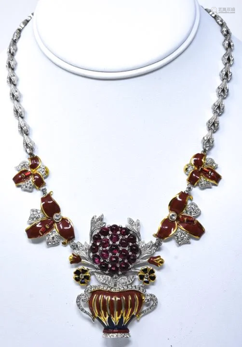 Rare Coro Rhodium Ruby Paste Topiary Urn Necklace