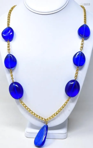 KJL Gilt Metal Chain W Blue Resin Beads Necklace