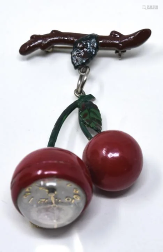 C 1940 Painted Enamel Cherry Pendant Pin Watch