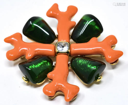 KJL Large Faux Coral Emerald Maltese Cross Brooch