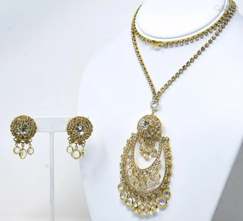 1970s Statement Gilt Rhinestone Necklace Earrings