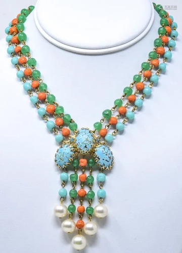 C 1970 Glass Bead Turquoise Cabochon Necklace