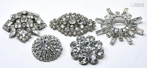 5 C 1950s Signed Clear Rhinestone Brooches / Pins