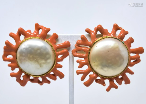 C 1990 Yosca Faux Mabe Pearl & Coral Earrings