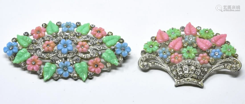 C 1930 2 Art Deco Fruit Salad Stone Floral Brooch