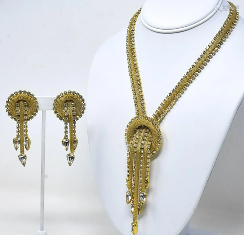 C 1960s Gilt Mesh Rhinestone Necklace & Earrings