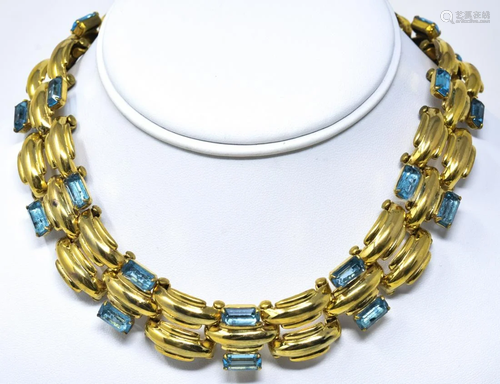 Bold Retro Ribbed Link Design Aqua Paste Necklace