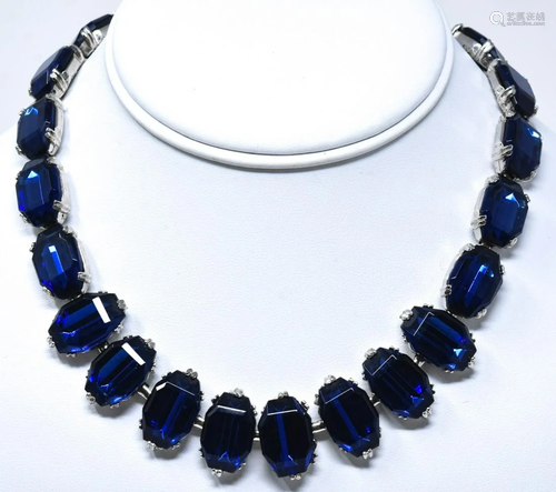 Trifari C 1970s Faux Sapphire Rhodium Necklace