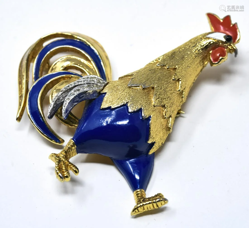 Jomaz Gilt & Enameled Walking Rooster Brooch / Pin