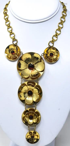 Retro 1940 Monet Gilt Concave Floral Disc Necklace