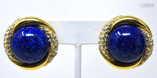 Pair Ciner Gilt Large Lapis Glass Cabochon Earring