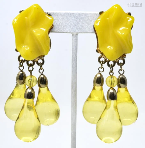 Pair 1970s Huge Statement Yellow Lucite Earrings