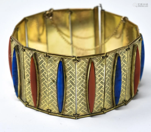 C 1930 European Gilt Brass Navette Glass Bracelet