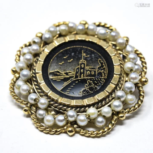 Antique Glass Button Mounted in 14k Gold Brooch