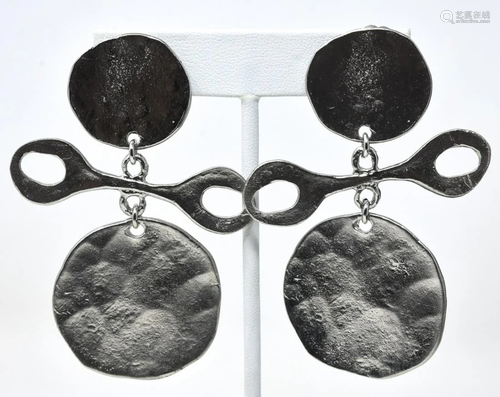 Pair KJL Silver Tone Sculptural Disc Clip Earrings