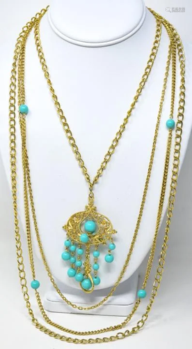 Multi Strand Gilt Chain & Turquoise Bead Necklace