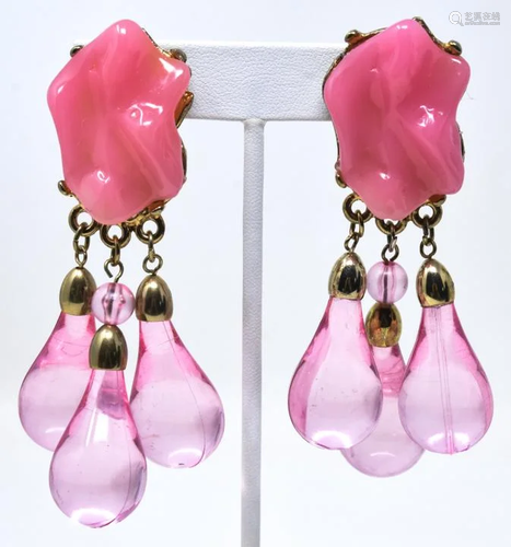 Pair 1970s Huge Statement Pink Lucite Earrings