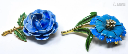 C 1970 2 Trifari Blue Flower Pins / Brooches