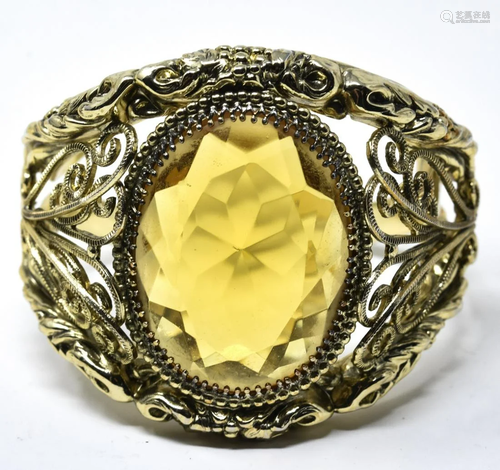 Vintage Gilt Bracelet w Huge Citrine Glass Crystal