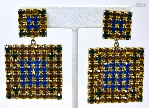 C 1960s Rhinestone Geometric Pattern Clip Earrings