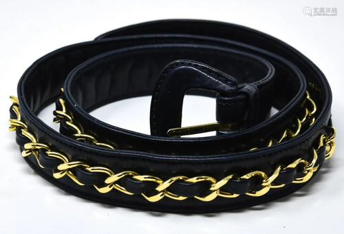 Vintage Chanel Navy Leather & Gilt Curb Link Belt