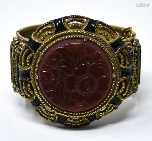 Antique C 1930s Carved Carnelian & Gilt Bracelet