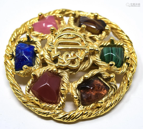 Vintage Christian Dior Gilt Metal Art Glass Brooch