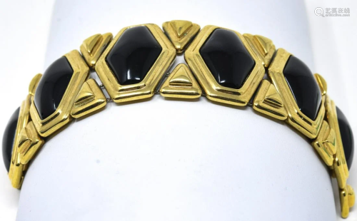C 1990s Gilt Metal & Faux Onyx Panel Bracelet