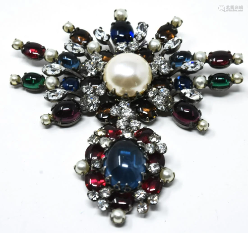 Vintage Schreiner Jeweled Costume Jewelry Brooch