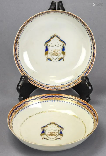 Pair 18th C Chinese Export Porcelain Armorial Bowl