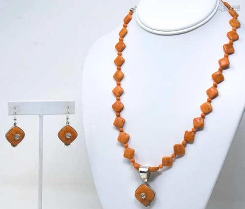 Sterling & Orange Stone Necklace & Earring Set