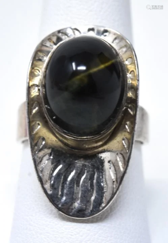 Sterling & Agate Cabochon Modernist Ring