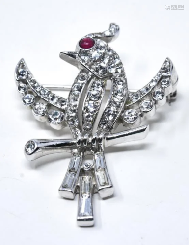 Trifari Art Deco Rhodium Paste Bird Brooch / Pin