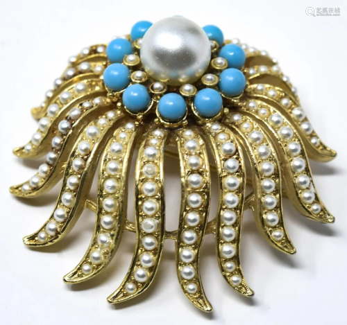 Art Faux Pearl & Turquoise Bead Cluster Pin Bro…