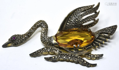 H Pomerantz NYC Citrine Crystal Swan Brooch