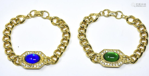 Pair Gilt Curb Chain W Cabochon Bracelets