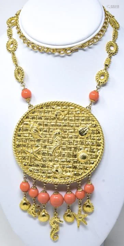 Goldette Gilt Medallion & Coral Bead Necklace