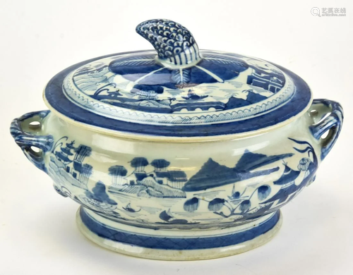 Chinese Canton Blue & White Porcelain Tureen