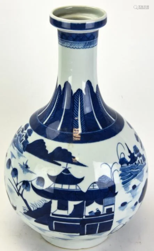 Chinese Canton Blue & White Porcelain Vase