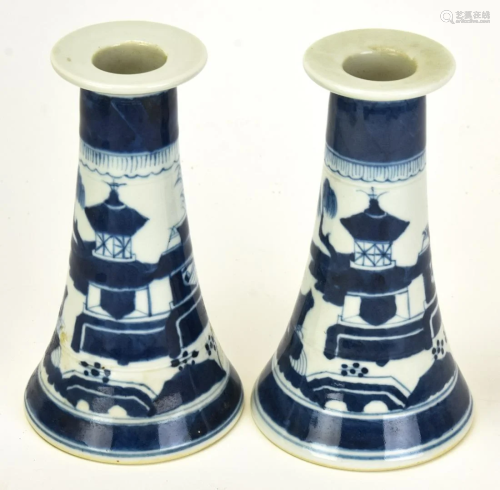 Chinese Canton Blue & White Porcelain Candlesticks