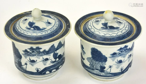 Chinese Canton Blue & White Porcelain Round Jars