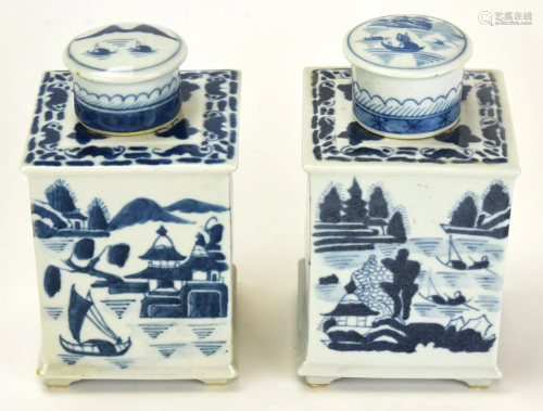 Chinese Canton Blue & White Porcelain Tea Caddies