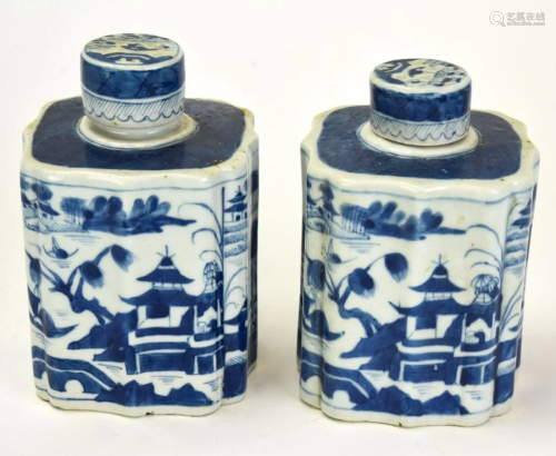 Chinese Canton Blue & White Porcelain Tea Caddies