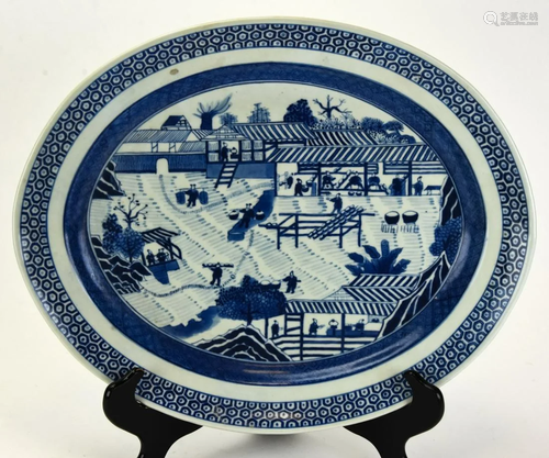 Chinese Hand Painted Blue & White Oval Platter