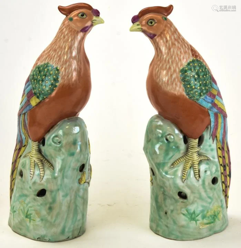 Pair of Chinese Hand Painted Rooster Statues