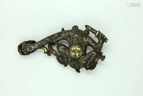 Chinese Chinese bronze belt hook with gold and silver painted
